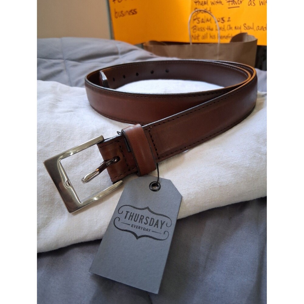 Thursday Men's Brown Dress Belt Size 38 1.25in Adjustable Buckle Logo Nickel